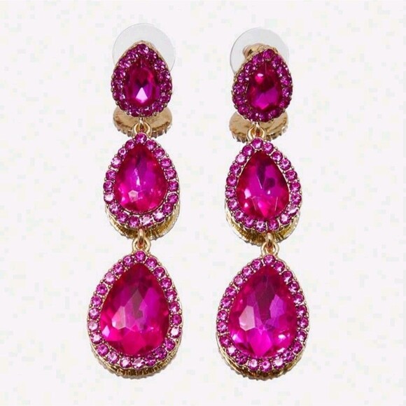 Triple Teardrop Fuchsia Crystal Statement Dangle Earrings, Gold Tone Metal - Picture 2 of 6